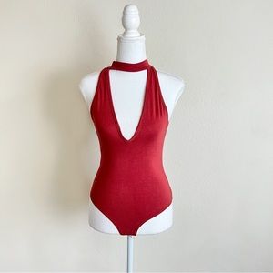 Rust Burnt Orange Choker V-Neck Low Cut Tank Bodysuit
